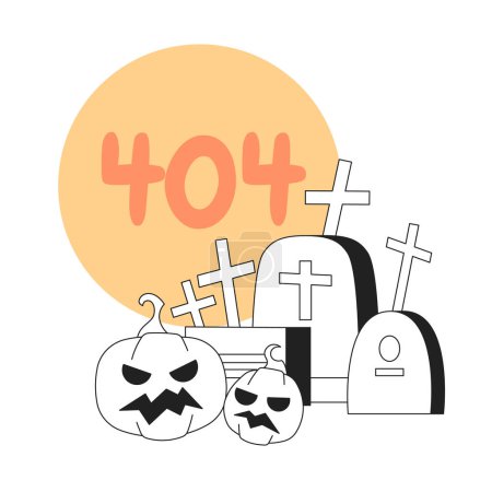 Illustration for Tombstones pumpkins with moon black white error 404 flash message. Graveyard spooky. Monochrome empty state ui design. Page not found popup cartoon image. Vector flat outline illustration concept - Royalty Free Image