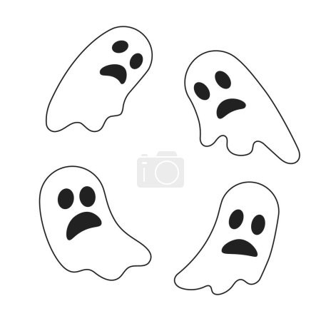 Illustration for Spooky ghosts monochrome flat vector object. Halloween haunted house spirits. Spooky boo. Editable black and white thin line icon. Simple cartoon clip art spot illustration for web graphic design - Royalty Free Image