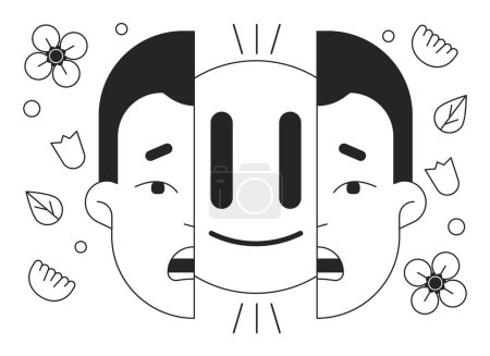 Illustration for Introvert hiding feelings bw concept vector spot illustration. Shy guy split face 2D cartoon flat line monochromatic character for web UI design. Emoticon smiling editable isolated outline hero image - Royalty Free Image