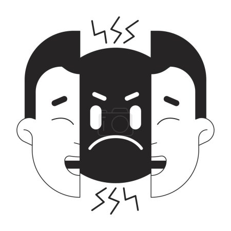 Illustration for Two faced bw concept vector spot illustration. Hypocrite fake guy split face 2D cartoon flat line monochromatic character for web UI design. Bipolar disorder editable isolated outline hero image - Royalty Free Image