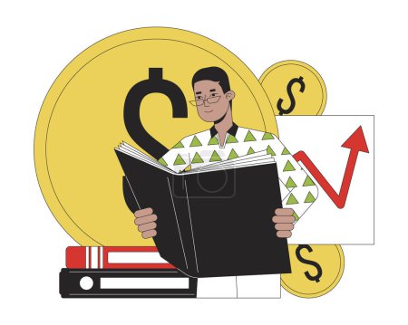 Illustration for Financial education flat line concept vector spot illustration. Man reading bookkeeping book. Finance literacy 2D cartoon outline object on white for web UI design. Editable isolated color hero image - Royalty Free Image