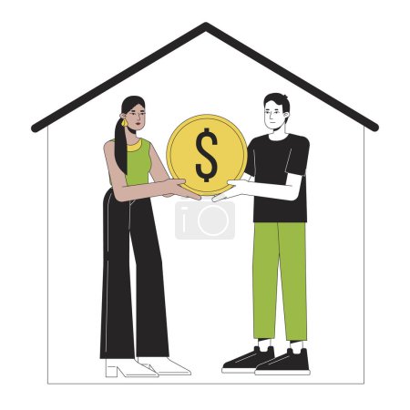 Illustration for Couple buying real estate flat line concept vector spot illustration. Happy people holding golden coin 2D cartoon outline characters on white for web UI design. Editable isolated color hero image - Royalty Free Image