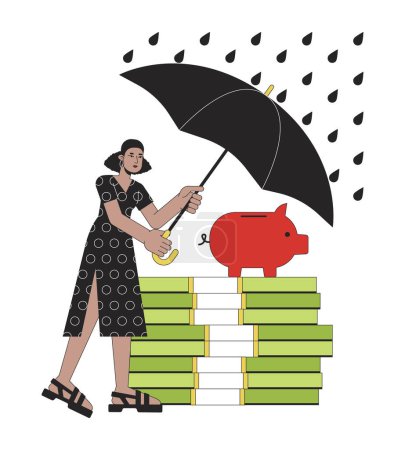 Illustration for Protection from financial risks flat line concept vector spot illustration. Woman covering savings from rain 2D cartoon outline character on white for web UI design. Editable isolated color hero image - Royalty Free Image
