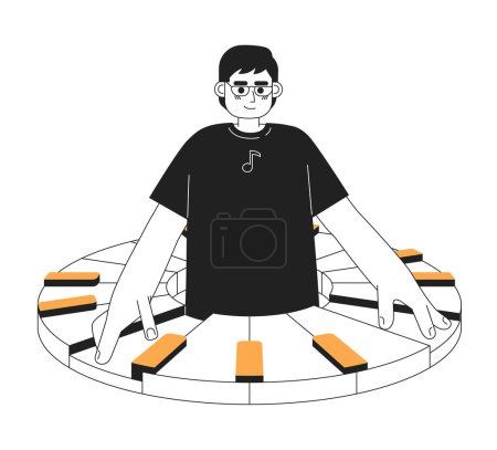 Illustration for Musician playing on piano keyboards monochrome concept vector spot illustration. Inspired young man 2D flat bw cartoon character on white for web UI design. Isolated editable hand drawn hero image - Royalty Free Image