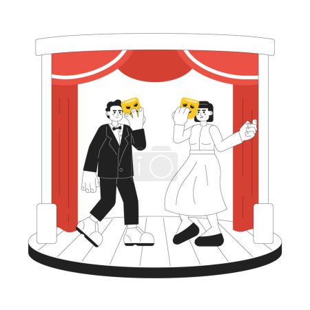 Illustration for Theatre performance 2D vector monochrome isolated spot illustration. Creative hobby. Talented flat hand drawn people holding masks, acting on stage on white background. Editable outline cartoon scene - Royalty Free Image