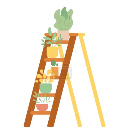 Illustration for Houseplants on ladder steps semi flat colour vector object. Interior decorative furniture. Editable cartoon clip art icon on white background. Simple spot illustration for web graphic design - Royalty Free Image