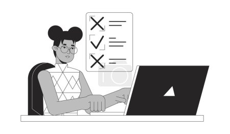 Illustration for Work checklist for freelancer bw concept vector spot illustration. Busy girl working on laptop 2D cartoon flat line monochromatic character for web UI design. Editable isolated outline hero image - Royalty Free Image