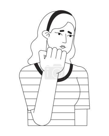 Ilustración de Mujer joven infeliz línea plana negro blanco vector de carácter. Esquema editable chica medio cuerpo preocupado. Ilustración puntual aislada de dibujos animados simples para diseño gráfico web - Imagen libre de derechos