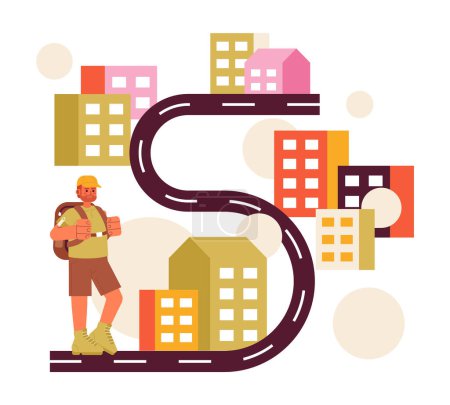 Illustration for European traveler exploring cities flat concept vector spot illustration. Male tourist on serpentine road walking 2D cartoon character on white for web UI design. Isolated editable creative hero image - Royalty Free Image