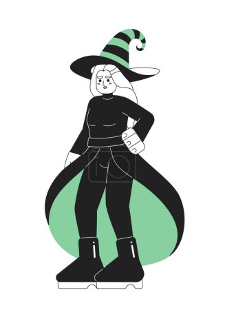 Illustration for Halloween wicked witch monochromatic flat vector character. Woman halloween costume. Spooky fairytale. Editable thin line full body person on white. Simple bw cartoon spot image for web graphic design - Royalty Free Image