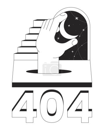 Illustration for Fantasy surreal night black white error 404 flash message. Staircase crescent. Hand moon. Monochrome empty state ui design. Page not found popup cartoon image. Vector flat outline illustration concept - Royalty Free Image
