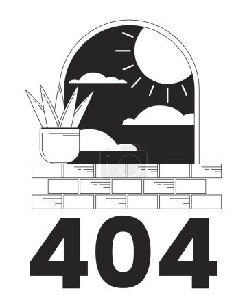 Illustration for Surreal arch with plant on windowsill black white error 404 flash message. Night sun. Monochrome empty state ui design. Page not found popup cartoon image. Vector flat outline illustration concept - Royalty Free Image