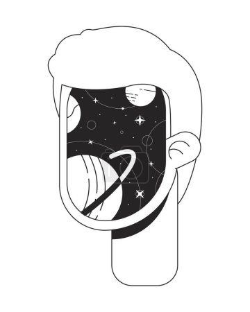Illustration for Surrealism man with cosmic face flat monochrome isolated conceptual clipart. Surreal consciousness. Editable black and white line vector object. Simple outline spot illustration for web graphic design - Royalty Free Image