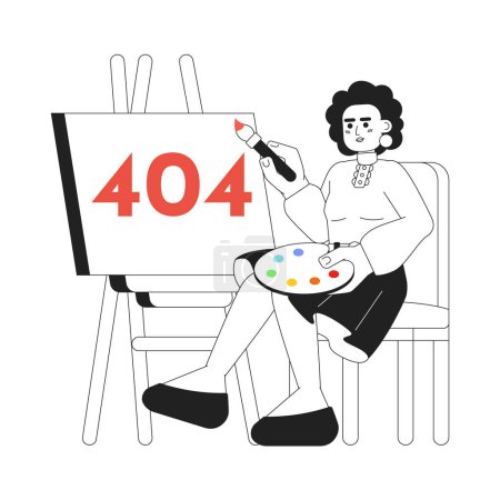 Illustration for African american woman painting black white error 404 flash message. Color palette. Monochrome empty state ui design. Page not found popup cartoon image. Vector flat outline illustration concept - Royalty Free Image