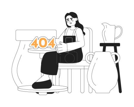 Illustration for Pottery class black white error 404 flash message. Indian woman near pottery wheel. Monochrome empty state ui design. Page not found popup cartoon image. Vector flat outline illustration concept - Royalty Free Image