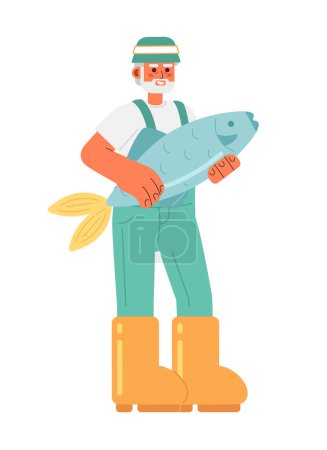 Ilustración de Alegre hombre mayor en el sombrero de captura de peces semi plana personaje vector de color. Pescador de cuerpo completo editable en botas y traje en blanco. Ilustración simple de dibujos animados para el diseño gráfico web - Imagen libre de derechos