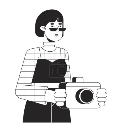 Illustration for Attractive photographer with camera flat line black white vector character. Editable outline half body asian girl taking picture. Simple cartoon isolated spot illustration for web graphic design - Royalty Free Image