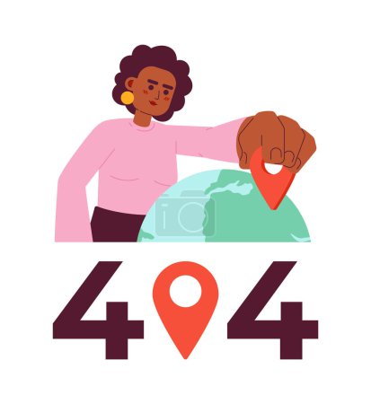 Illustration for Woman selecting place on globe error 404 flash message. Gps navigator on map. Empty state ui design. Page not found popup cartoon image. Vector flat illustration concept on white background - Royalty Free Image