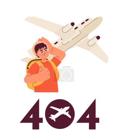 Illustration for Asian man looking on plane error 404 flash message. Empty state ui design. Page not found popup cartoon image. Vector flat illustration concept on white background - Royalty Free Image