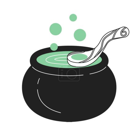 Illustration for Magic cooking in halloween cauldron monochrome flat vector object. Witches pot with utensil. Editable black and white thin line icon. Simple cartoon clip art spot illustration for web graphic design - Royalty Free Image