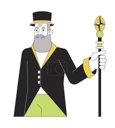 Illustration for Bearded senior man in hat flat line color vector character. Editable outline full body person in evening dress holding wizard staff on white. Simple cartoon spot illustration for web graphic design - Royalty Free Image