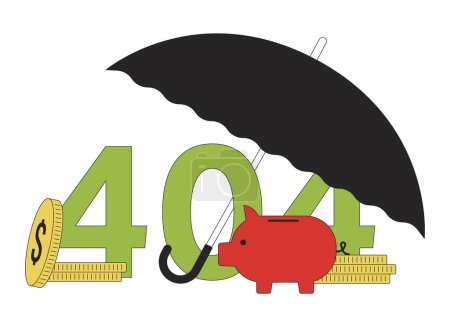 Illustration for Umbrella cover savings error 404 flash message. Protect finances from risks. Empty state ui design. Page not found popup cartoon image. Vector flat illustration concept on white background - Royalty Free Image