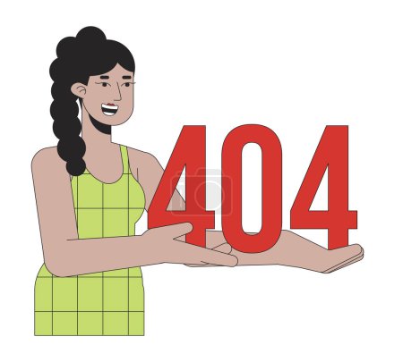 Illustration for Happy latina woman holding error 404 flash message. Empty state ui design. Page not found popup cartoon image. Vector flat illustration concept on white background - Royalty Free Image