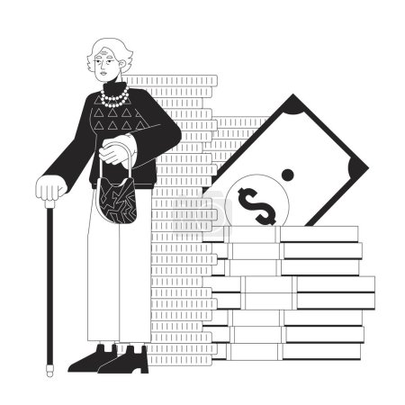Illustration for Elderly businesswoman accumulating money bw concept vector spot illustration. Woman with walking stick 2D cartoon flat line monochromatic on white for web UI design. Editable isolated color hero image - Royalty Free Image