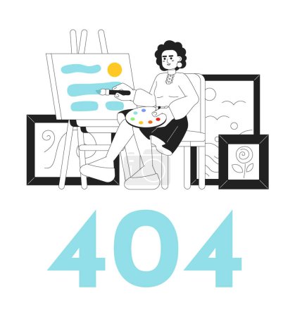Illustration for Woman in art studio painting picture black white error 404 flash message. Creative hobby. Monochrome empty state ui design. Page not found popup cartoon image. Vector flat outline illustration concept - Royalty Free Image