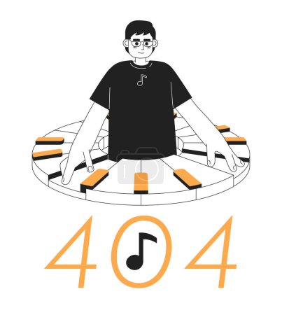 Ilustración de Hombre jugando en el piano negro blanco error 404 mensaje flash. Joven hobby. Monocromo vacío estado ui diseño. Página no encontrada imagen de dibujos animados emergente. Vector esquema plano concepto de ilustración - Imagen libre de derechos