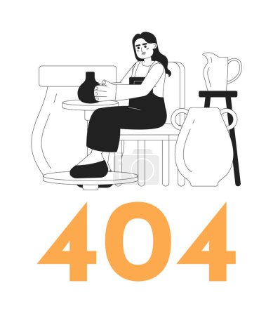 Illustration for Woman in pottery workshop black white error 404 flash message. Creating ceramic pot. Monochrome empty state ui design. Page not found popup cartoon image. Vector flat outline illustration concept - Royalty Free Image