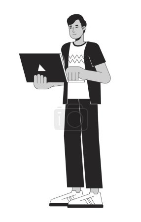 Illustration for Promising young man holding laptop flat line black white vector character. Editable outline full body hardworking person. Simple cartoon isolated spot illustration for web graphic design - Royalty Free Image