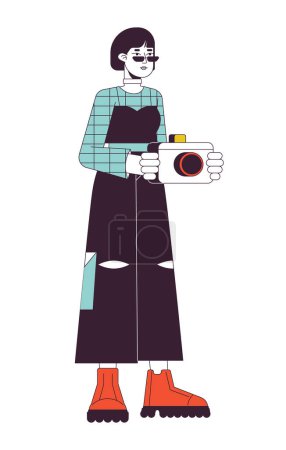 Illustration for Young asian photographer flat line color vector character. Editable outline full body girl in trendy outfit holding camera on white. Simple cartoon spot illustration for web graphic design - Royalty Free Image