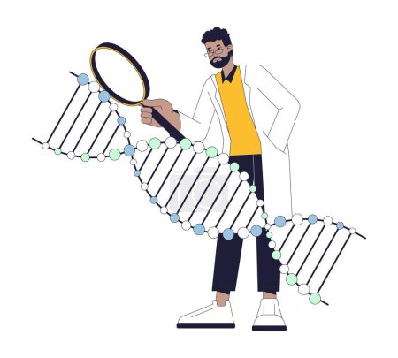 Ilustración de Científico estudiando el concepto de línea plana de ADN vector punto ilustración. Hombre joven con lupa 2D dibujo animado carácter contorno en blanco para el diseño de interfaz de usuario web. Editable imagen de héroe de color aislado - Imagen libre de derechos
