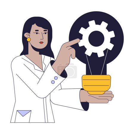 Illustration for Female scientist mechanics flat line concept vector spot illustration. Woman turning gear inside light bulb 2D cartoon outline character on white for web UI design. Editable isolated color hero image - Royalty Free Image