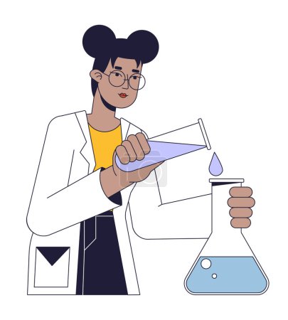 Illustration for Scientist conducts experiment flat line concept vector spot illustration. Chemist pouring liquid into flask 2D cartoon outline character on white for web UI design. Editable isolated color hero image - Royalty Free Image