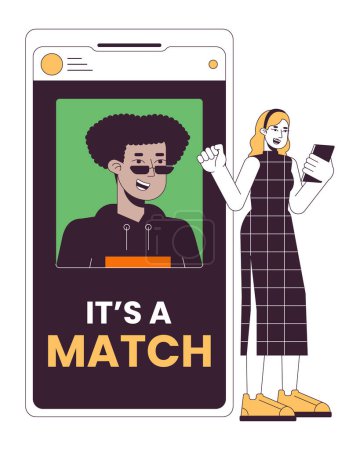Illustration for Online dating app flat line concept vector spot illustration. Relationships. Woman matching with man 2D cartoon outline character on white for web UI design. Editable isolated color hero image - Royalty Free Image