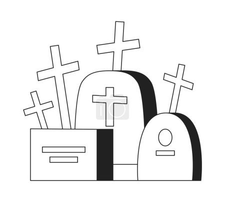 Illustration for Halloween cemetery with crosses monochrome flat vector object. Tombstones. Graveyard spooky. Editable black and white thin line icon. Simple cartoon clip art spot illustration for web graphic design - Royalty Free Image