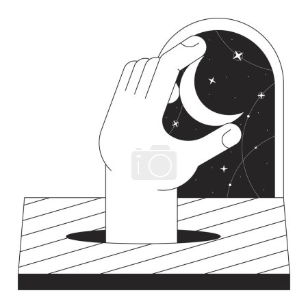 Ilustración de Mano sacando la luna del cielo esotérico nocturno plano monocromo aislado clipart conceptual. Surrealismo. Objeto vectorial de línea blanca y negra editable. Ilustración simple del punto del esquema para el diseño gráfico web - Imagen libre de derechos