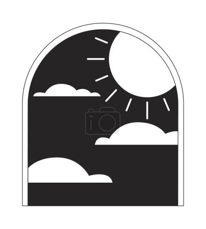 Ilustración de Marco de ventana esotérico con nubes sol plano monocromo aislado clipart conceptual. Sol nocturno. Objeto vectorial de línea blanca y negra editable. Ilustración simple del punto del esquema para el diseño gráfico web - Imagen libre de derechos