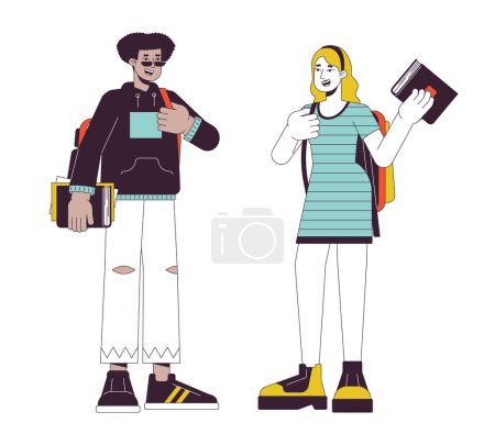 Illustration for Diverse college students flat line vector spot illustration. University students talk 2D cartoon outline characters on white for web UI design. College campus life editable isolated color hero image - Royalty Free Image