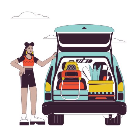 Illustration for College student car flat line vector spot illustration. Latina freshman girl loading car trunk 2D cartoon outline character on white for web UI design. Road trip editable isolated color hero image - Royalty Free Image