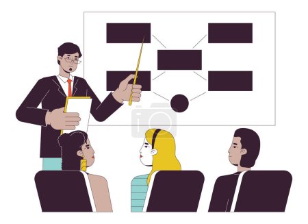 Illustration for University professor lecture flat line vector spot illustration. Lecturer teaching college students 2D cartoon outline characters on white for web UI design. Editable isolated color hero image - Royalty Free Image