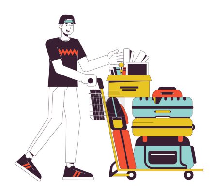 Illustration for College freshman with belongings flat line vector spot illustration. College kid with luggage 2D cartoon outline character on white for web UI design. Moving to dorm editable isolated color hero image - Royalty Free Image
