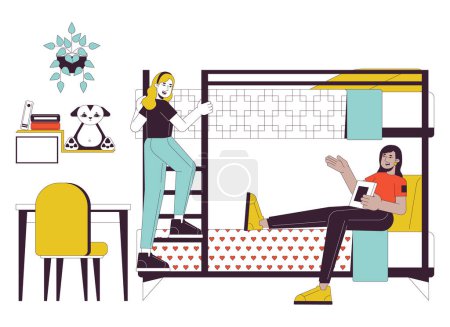 Illustration for Girls dormitory flat line vector spot illustration. Dorm room girls diverse 2D cartoon outline characters on white for web UI design. Female roommates talking editable isolated color hero image - Royalty Free Image