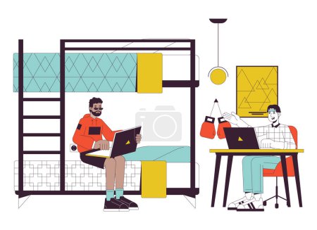 Illustration for Dorm roommates studying together flat line vector spot illustration. Dormitory boys 2D cartoon outline characters on white for web UI design. Doing homework editable isolated color hero image - Royalty Free Image
