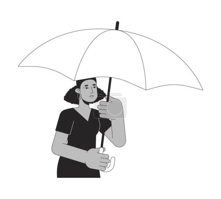 Ilustración de Mujer afroamericana bajo paraguas línea plana negro blanco vector carácter. Esquema editable cubierta de la persona de medio cuerpo del mal tiempo. Ilustración puntual aislada de dibujos animados simples para diseño gráfico web - Imagen libre de derechos