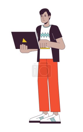 Illustration for Promising young man holding laptop flat line color vector character. Editable outline full body hardworking person on white. Simple cartoon spot illustration for web graphic design - Royalty Free Image