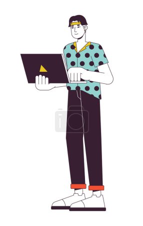 Illustration for Busy asian worker flat line color vector character. Editable outline full body freelancer programming on white. Simple cartoon spot illustration for web graphic design - Royalty Free Image