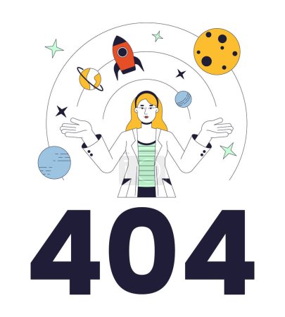 Illustration for Female scientist explore galaxy error 404 flash message. Aerospace engineering. Empty state ui design. Page not found popup cartoon image. Vector flat illustration concept on white background - Royalty Free Image